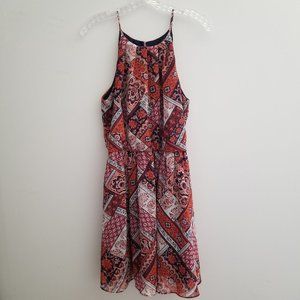 By & By Bohemian Boho Lined Sheer, Flowy Blue Orange Halter Style Mini Dress Lg.